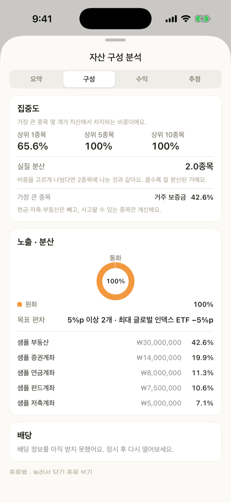 구성 리포트 — 구성 탭(노출·분산·배당·종류별)